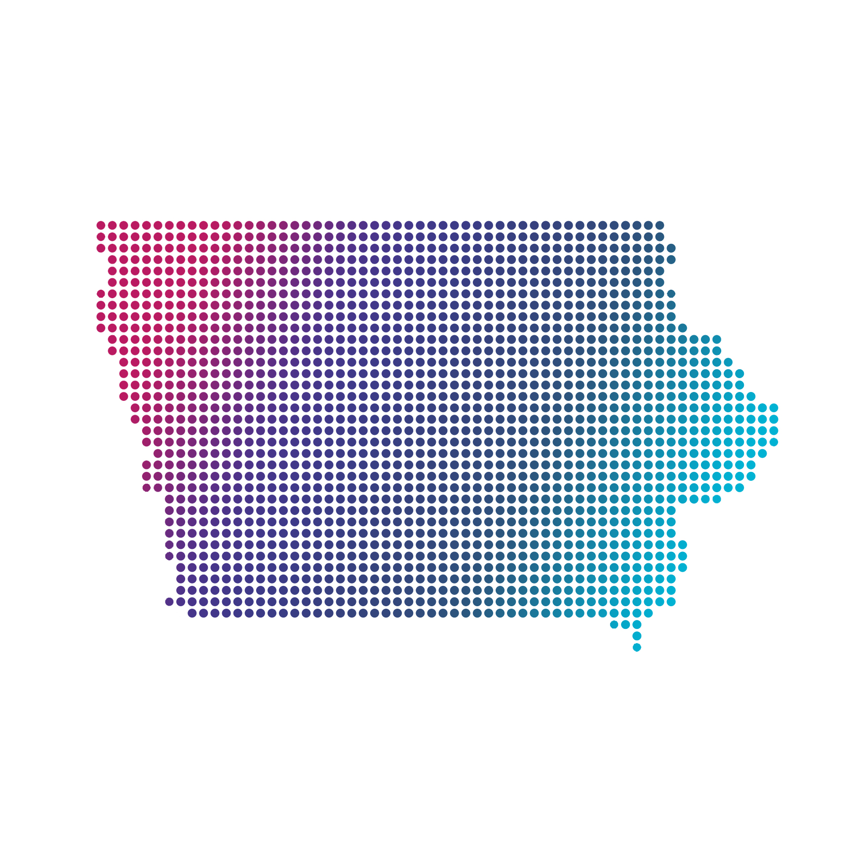 Iowa map of blue dots on white background