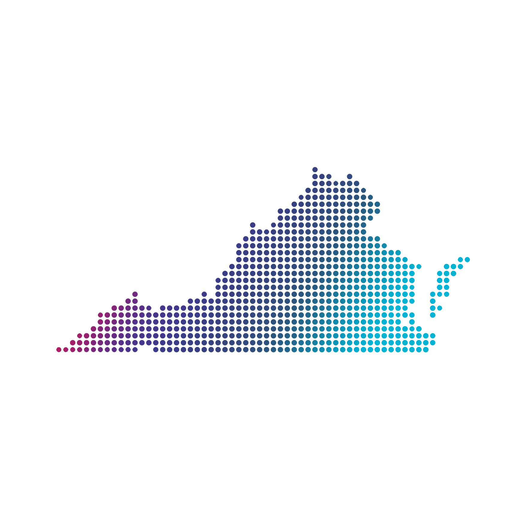 Virginia map of blue dots on white background