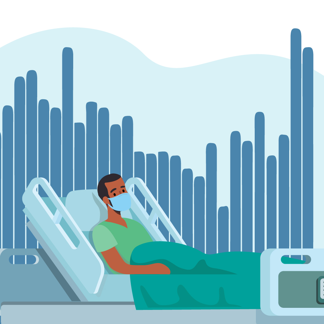 Image of man in hospital bed with bar graph in background representing weekly COVID hospitalizations in US.