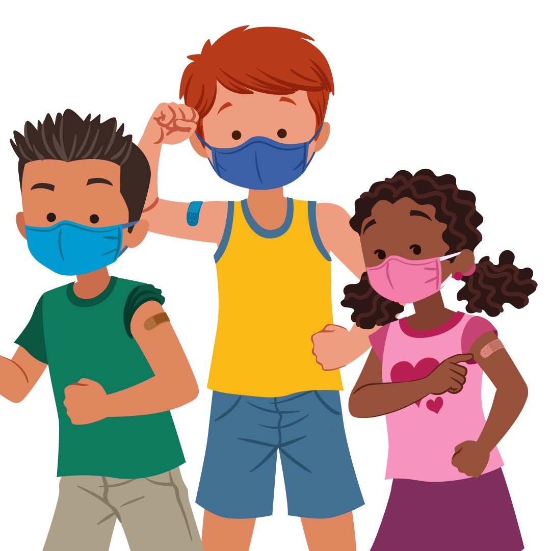 illustration of three children with band aids on their arms and wearing masks