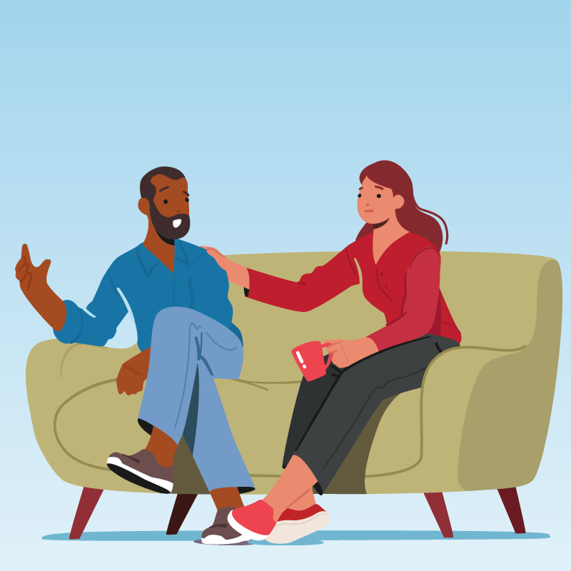 illustration of two people sitting on a couch, one hand on the other's shoulder