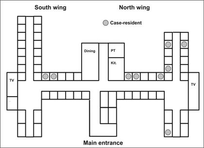 A floor plan of a building. Rooms of case patients are indicated by a dot.