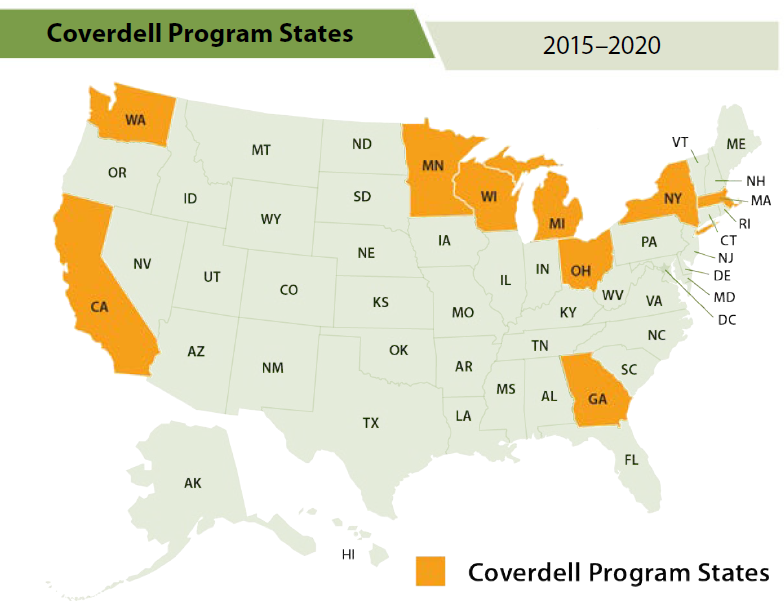 Currently funded PCNASP states are shown in orange and include California, Georgia, Massachusetts, Michigan, Minnesota, New York, Ohio, Washington, and Wisconsin.