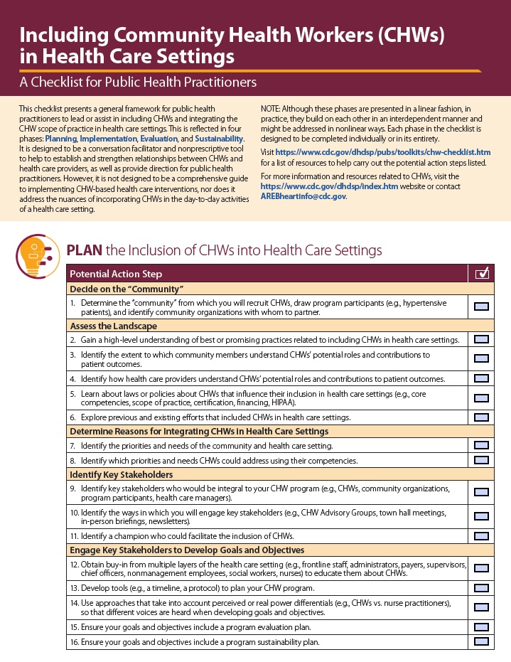 Including Community Health Workers in Health Care Settings: A Checklist for Public Health Practitioners