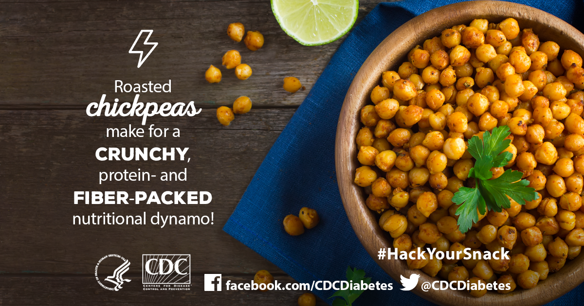 chickpeas in a bowl with info about why they are a healthy snack
