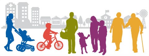 Silhouette of adults, children, and families of all ages engaging in their community.