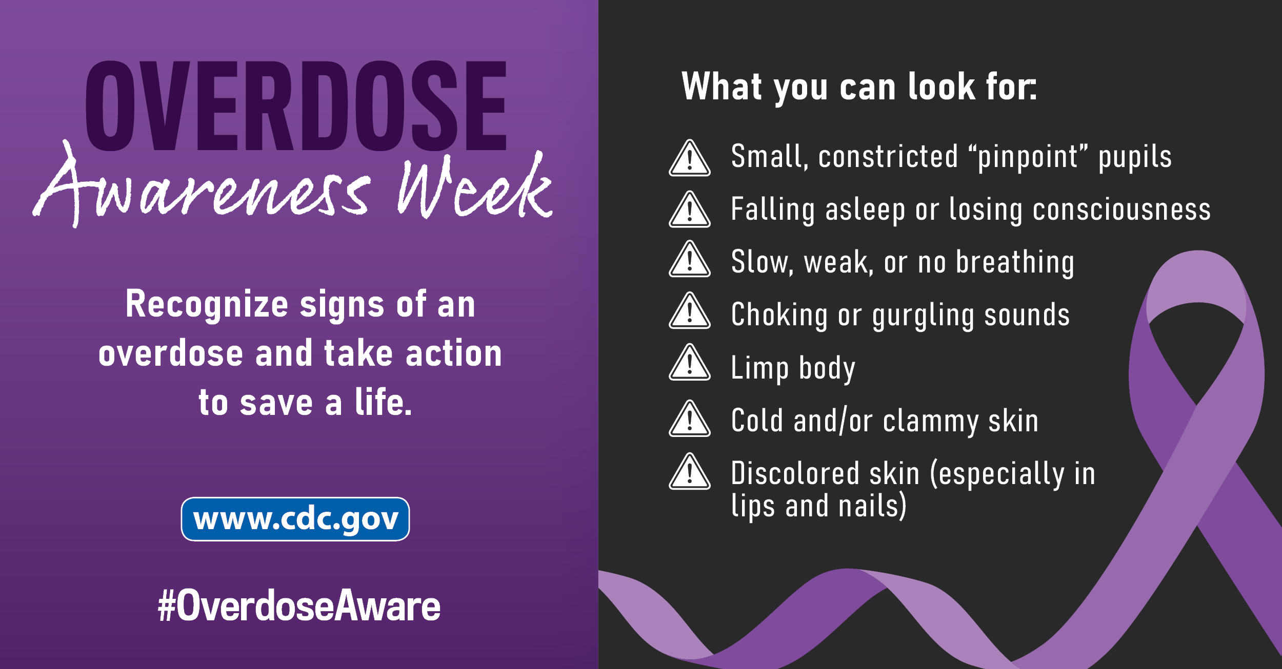 August 31 - International Overdose Awareness Day: Take Action. Learn the signs of an overdose.