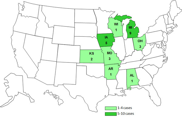 Map Case Count Map: Persons infected with the outbreak strain of STEC O26, United States, by State, as of March 8, 2012*
