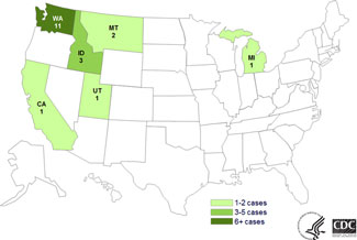 Map of Persons infected with the outbreak strain of E. coli O121, by state