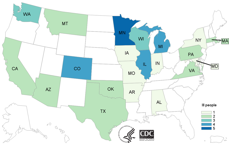 Case Count Map: People infected with the outbreak strain of E. coli O121 %26 O26, by state of residence, as of July 25, 2016