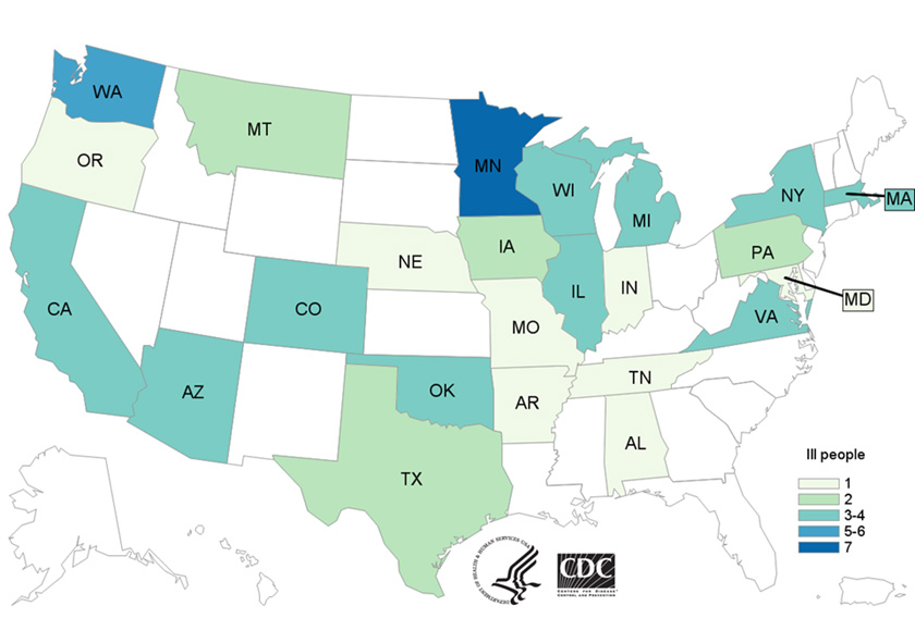 Case Count Map: People infected with the outbreak strain of E. coli O121 %26 O26, by state of residence, as of September 28, 2016