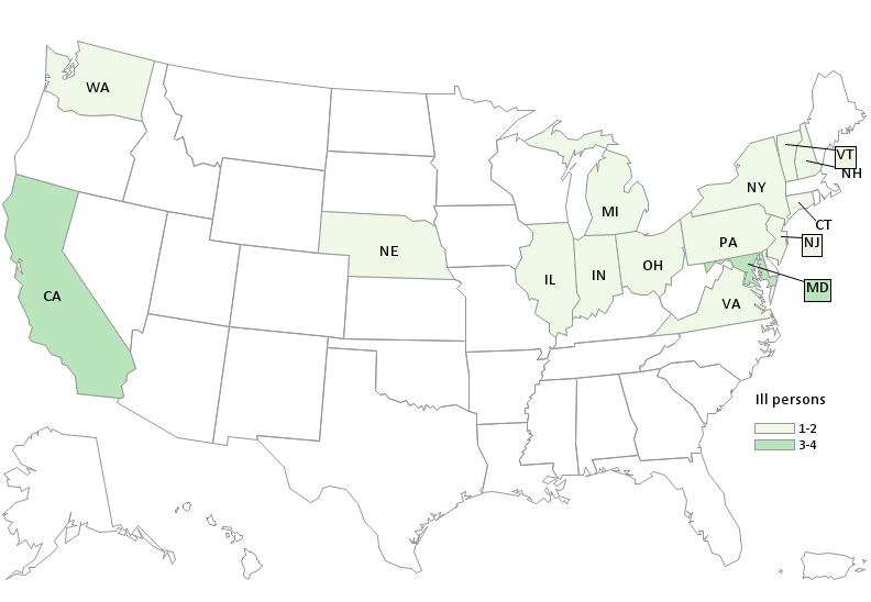 Map of United States - People infected with the outbreak strain of E. coli O157:H7, by state of residence
