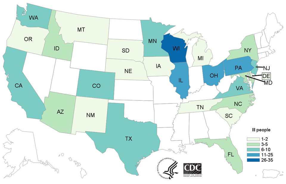 Map of United States - People infected with the outbreak strain of E. coli, by state of residence, as of January 15, 2020.