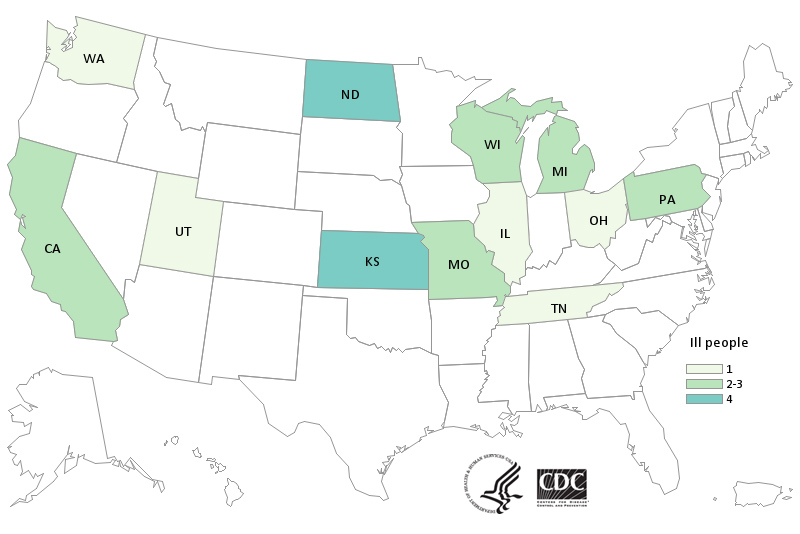 Map of United States - People infected with the outbreak strain of E. coli, by state of residence, as of October 28, 2020