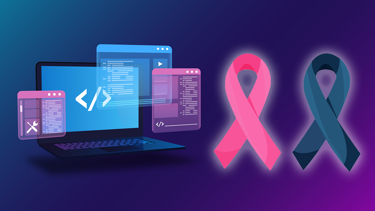 computer monitors with code and awareness ribbons for breast and ovarian cancer