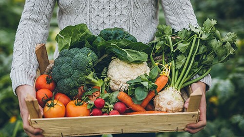 Farmer with box of fresh produce.