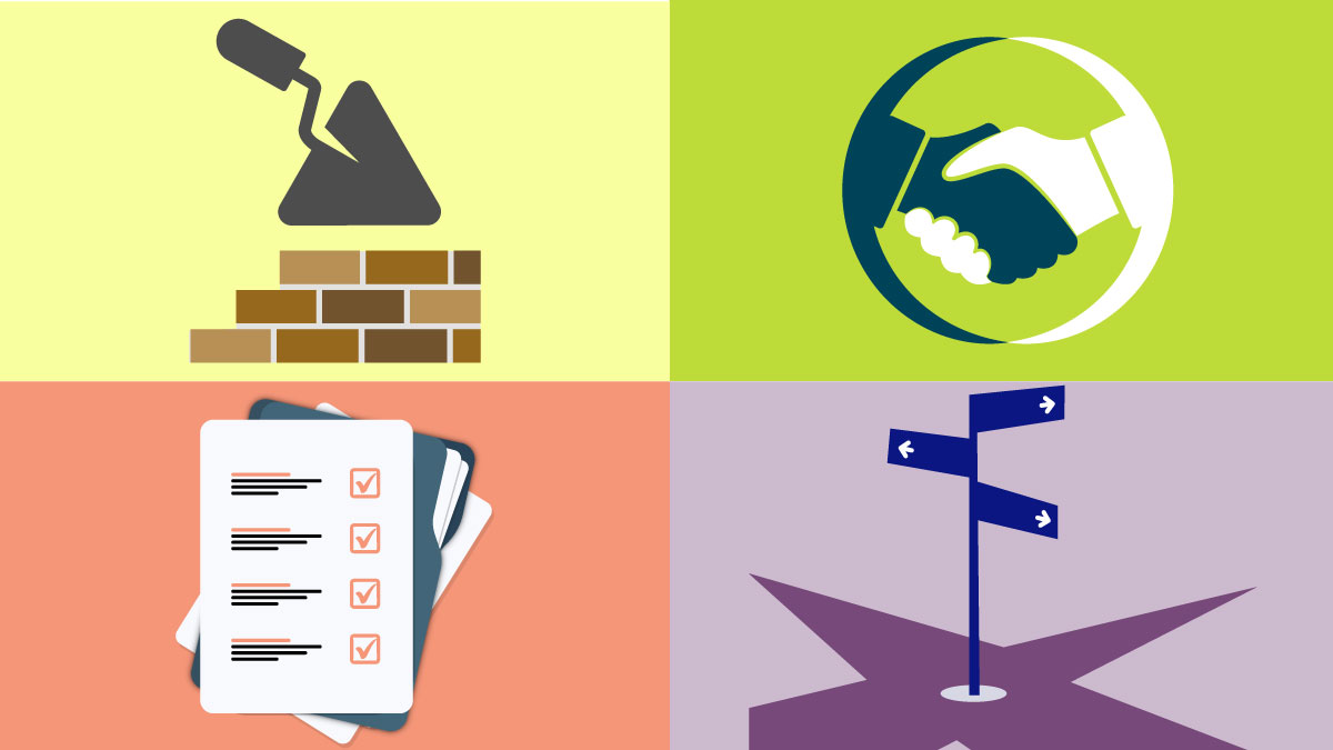 Icons for the four Building Blocks of Food Service Guidelines. The four icons are 1) trowel and brick wall 2) shaking hands 3) a checklist and 4) a street sign going in three directions.