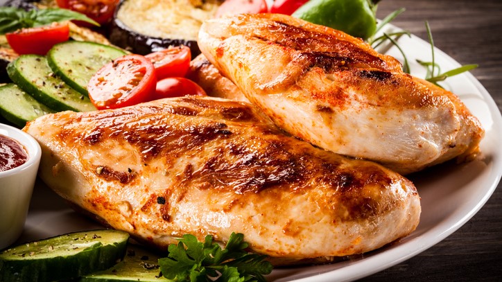 Healthy grilled chicken and vegetables meal.