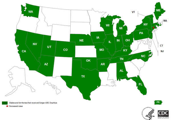 Domestic distribution of recalled Solgar ABC Dophilus. States include: Alabama, Arizona, Arkansas, California, Colorado, Connecticut, Florida, Indiana, Illinois, Iowa,Kentucky, Nebraska, Nevada, Maine, Massachusetts, Michigan, Missouri, New Jersey, Ohio, Oklahoma, Pennsylvania, New York, North Carolina, Tennessee, Texas, Utah, Vermont,Washington, and Wisconsin. Puerto Rico is also included.