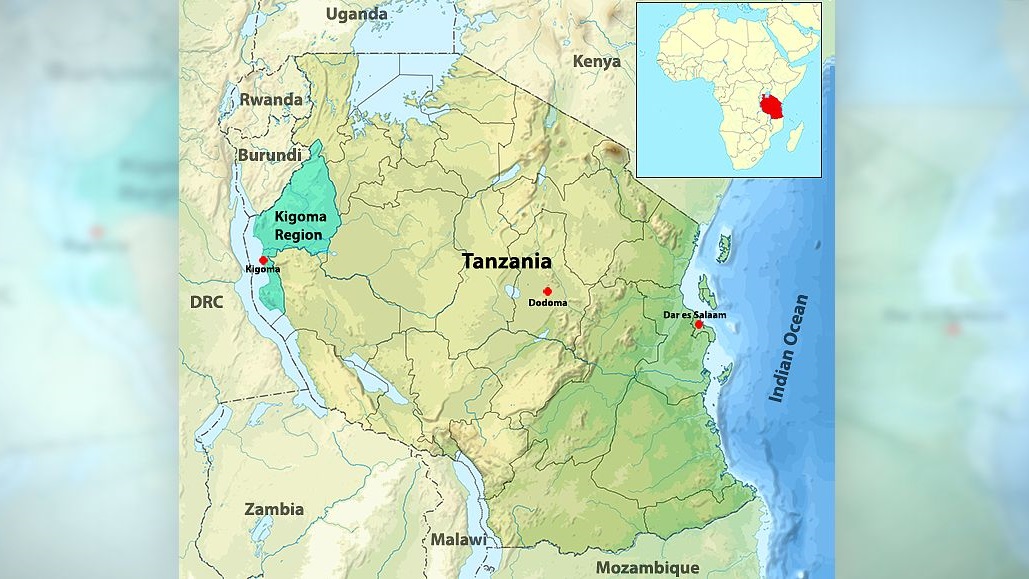 map of Tanzania in East Africa with Kigoma Region highlighted in the country's north west area.