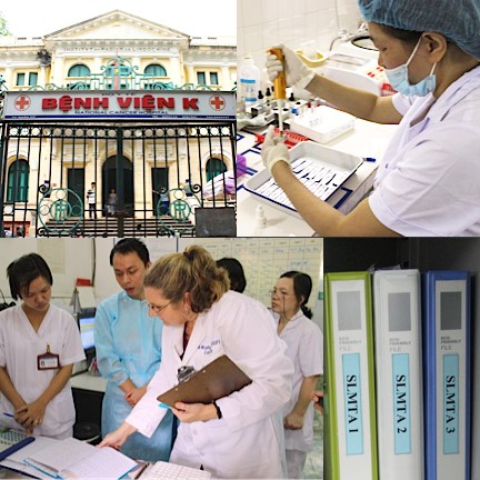 After 12 months of training and mentoring, Anna Murphy, Technical Consultant from the American Society for Clinical Pathology, conducts the SLMTA exit assessment of the laboratory at the National Cancer Hospital in Hanoi, Vietnam.