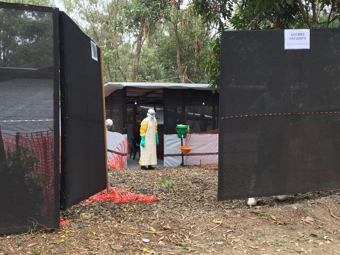 A healthcare worker at the Ebola Transit Center in Bukavu, Democratic Republic of the Congo (DRC), awaits arrival of a person with a suspected case of Ebola.