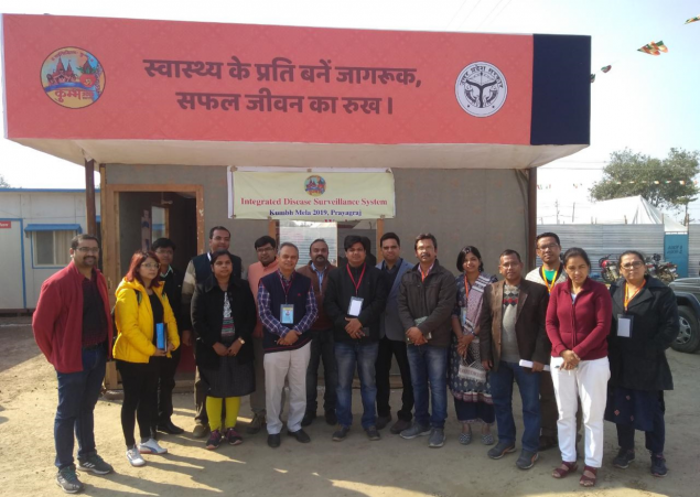 (Kumbh Mela staff outside the Integrated Disease Surveillance System. photo credit: Dr. Rajesh Yadav)