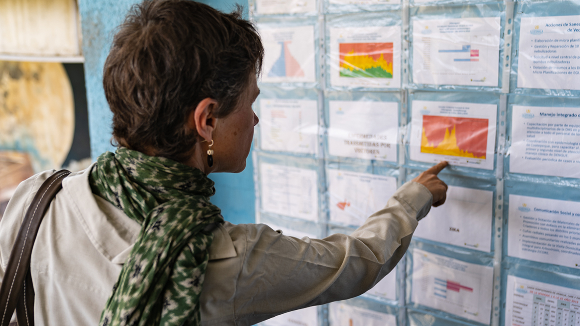 Dr. Zielinski Gutiérrez reviews epidemiological data at the local health department in Quetzaltenango, Guatemala. CDC provides technical assistance to field researchers in the area, helping to collect data to estimate the burden of antimicrobial resistance. Good data are essential to guide the decision-making process for the work of CDC and the local health department.