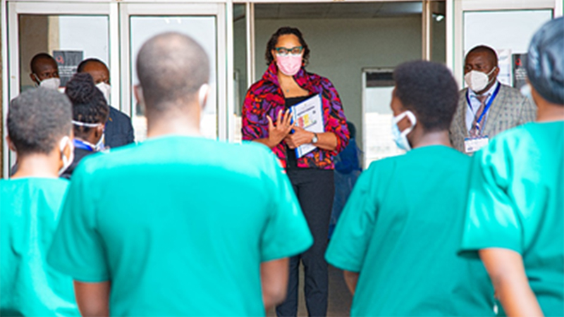 U.S. Ambassador to Uganda Natalie E. Brown meets with healthcare workers