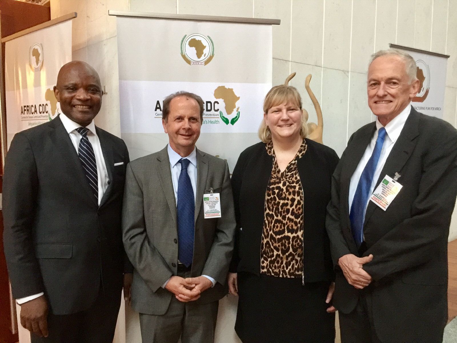 (From left to right) First Africa CDC Director, John Nkengasong, former CGH Director, Tom Kenyon, CGH Director,  Rebecca Martin, and former CGH Director, Kevin de Cock.