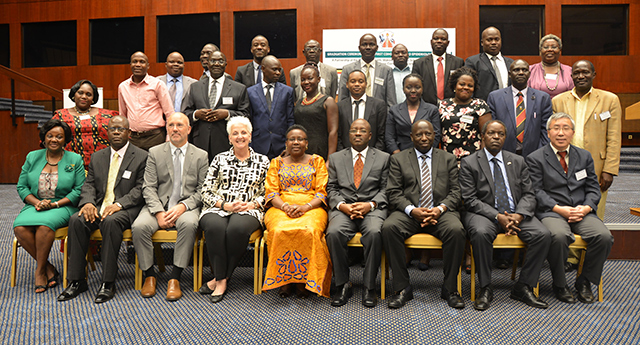 Graduation day (third from left): CDC Country Director Steven Wiersma, Ambassador Deborah Malac, and Uganda%26rsquo;s Health Minister Ruth Aceng with FETP fellows and other officials