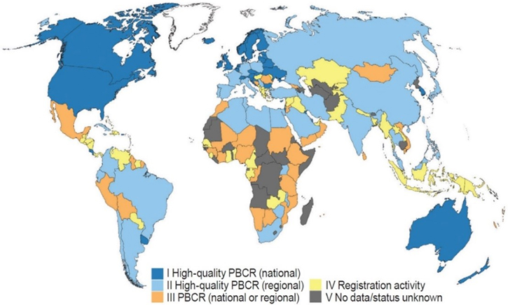 Global status of population-based cancer registration as of mid-2013. PBCR stands for Population-Based Cancer Registries. "High-quality PBCR" implies publication in Cancer Incidence in Five Continents. Source: Courtesy of Freddie Bray, IARC