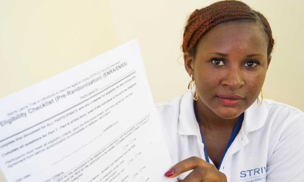 Isata Charm, a study screener at the Connaught Hospital vaccine site in Freetown