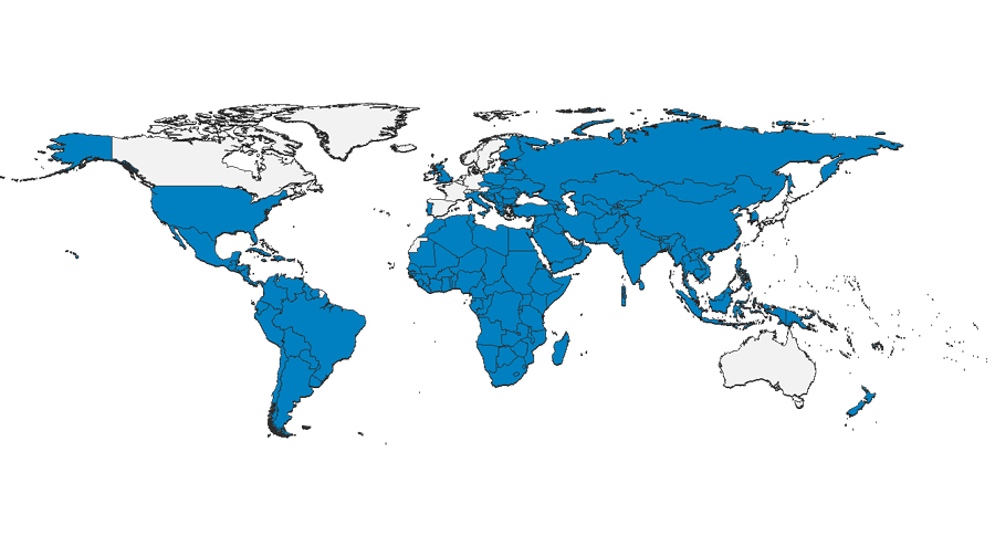 Map of countries where the Global Youth Tobacco Survey has been conducted.