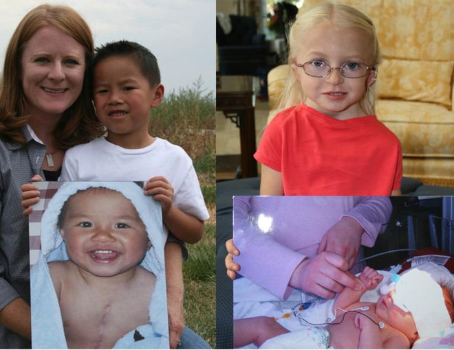 Children holding photos of themselves as infants