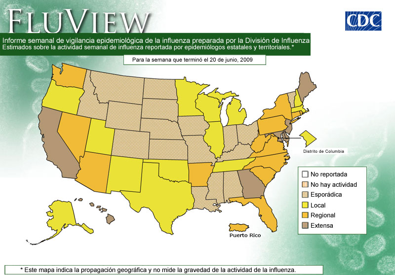 FluView, para la semana que terminó el 20 de julio, 2009. Informe semanal de vigilancia epidemiológica de la influenza preparada por la Divisón de Influenza Estimados sobre la actividad semanal de influenza reportada por epidemiólogos estatales y territoriales. Seleccione este enlace para obtener datos más detallados (en inglés)