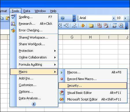 A picture detailing what happens when one opens up an Excel Macro program.  Details that a user should open the Tools Menu, then select the Macro command followed by the Security Sub-Command.