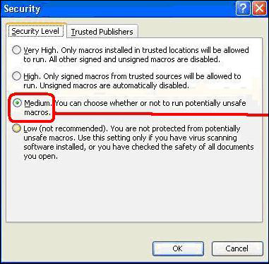 Displays the Security Level Sub-Command, which is found under the Macro’s Tool menu.  One should select the option of Medium to ensure that the Macros will run at all times.