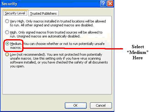 Displays the Security Level Sub-Command, which is found under the Macro’s Tool menu.  One should select the option of  Medium to ensure that the Macros will run at all times.