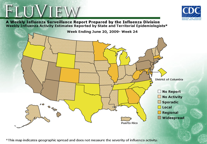 FluView, Week Ending June 20, 2009. Weekly Influenza Surveillance Report Prepared by the Influenza Division. Weekly Influenza Activity Estimate Reported by State and Territorial Epidemiologists. Select this link for more detailed data.