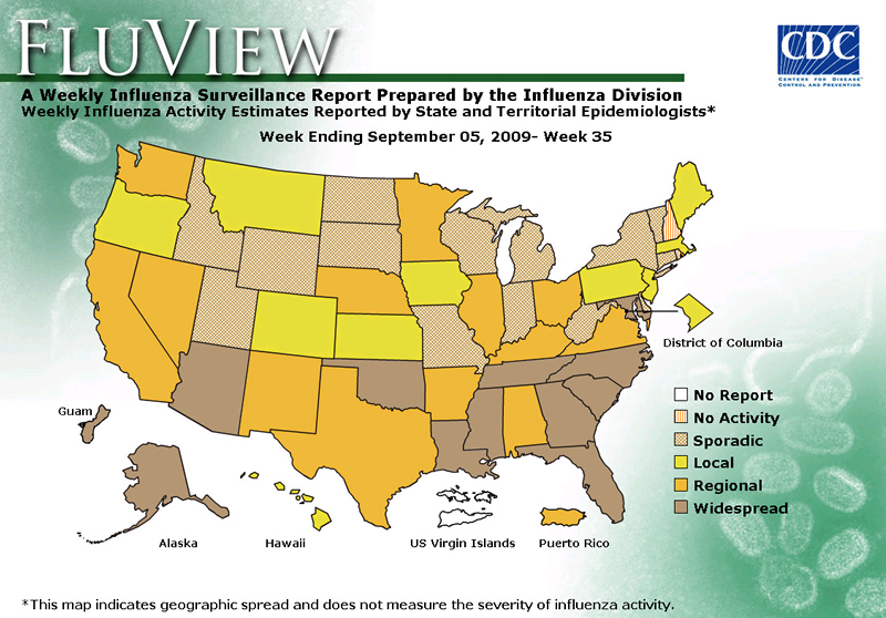 FluView, Week Ending September 5, 2009. Weekly Influenza Surveillance Report Prepared by the Influenza Division. Weekly Influenza Activity Estimate Reported by State and Territorial Epidemiologists. Select this link for more detailed data.