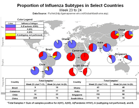 This picture depicts a map of the world that shows the co-circulation of 2009 H1N1 flu and seasonal influenza viruses. The United States, Russian Federation, China, Ghana, and India are depicted. There is a pie chart for each that shows the proportion of laboratory-confirmed influenza cases that have tested positive for either 2009 H1N1 flu or other influenza subtypes. The majority of laboratory-confirmed influenza cases reported in Ghana in weeks 21 and 22 were 2009 H1N1 flu.
