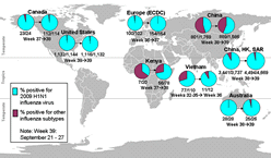 This picture depicts a map of the world that shows the co-circulation of 2009 H1N1 flu and seasonal influenza viruses. The United States, Canada, Ecuador, Europe, Australia, Kenya, Vietnam, China and Hong Kong (China) are depicted. There is a pie chart for each that shows the percentage of laboratory confirmed influenza cases that have tested positive for either 2009 H1N1 flu or other influenza subtypes. The majority of laboratory confirmed influenza cases reported in the United States, Canada, Ecuador, Europe, Australia, Vietnam and Hong Kong (China) are currently due to 2009 H1N1 influenza virus. However, the majority of laboratory confirmed influenza cases reported in China and Kenya are positive for other influenza subtypes.