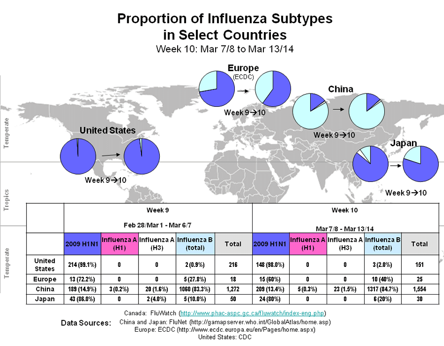 This picture depicts a map of the world that shows the co-circulation of 2009 H1N1 flu and seasonal influenza viruses. The United States, Europe, Japan and China are depicted. There is a pie chart for each that shows the proportion of laboratory-confirmed influenza cases that have tested positive for either 2009 H1N1 flu or other influenza subtypes. The majority of laboratory-confirmed influenza cases reported in the United States, Europe, and Japan have been 2009 H1N1 flu.
