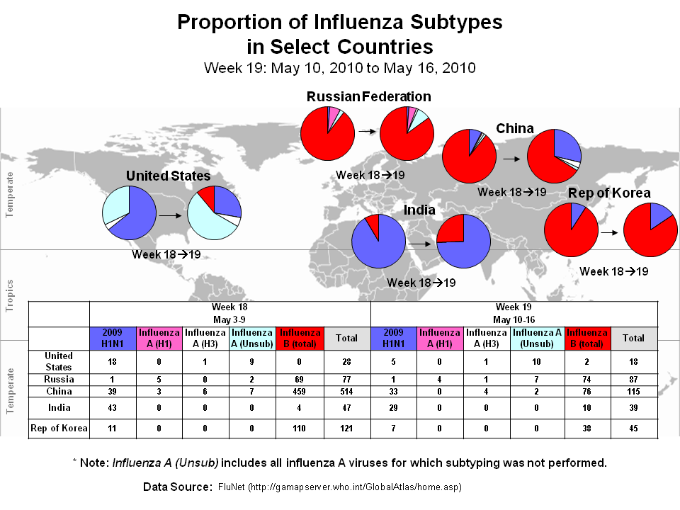 This picture depicts a map of the world that shows the co-circulation of 2009 H1N1 flu and seasonal influenza viruses. The United States, Russian Federation, China, Republic of Korea, and Ghana are depicted. There is a pie chart for each that shows the proportion of laboratory-confirmed influenza cases that have tested positive for either 2009 H1N1 flu or other influenza subtypes. The majority of laboratory-confirmed influenza cases reported in Ghana in weeks 16 and 17 were 2009 H1N1 flu.
