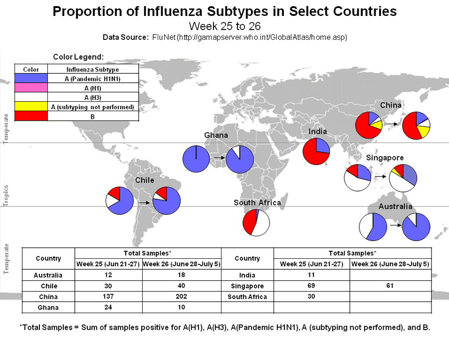 This picture depicts a map of the world that shows the co-circulation of 2009 H1N1 flu and seasonal influenza viruses. Brazil, Cameroon, China, Ghana, India, Singapore, and South Africa are represented. There is a pie chart for each that shows the proportion of laboratory-confirmed influenza cases that have tested positive for either 2009 H1N1 flu or other influenza subtypes. The majority of laboratory-confirmed influenza cases reported in Australia, Chile, and Ghana in weeks 25 and 26 were 2009 H1N1 flu.
