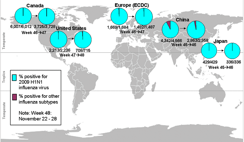 This picture depicts a map of the world that shows the co-circulation of 2009 H1N1 flu and seasonal influenza viruses. The United States, Canada, Europe, Japan and China are depicted. There is a pie chart for each that shows the percentage of laboratory confirmed influenza cases that have tested positive for either 2009 H1N1 flu or other influenza subtypes. The majority of laboratory confirmed influenza cases reported in the United States, Canada, Europe, Japan and China have been 2009 H1N1 flu.


