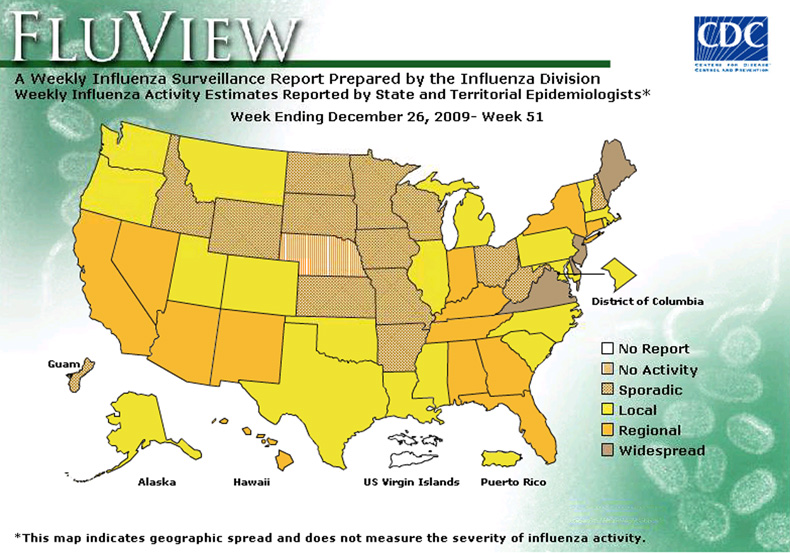 FluView, Week Ending December 26, 2009. Weekly Influenza Surveillance Report Prepared by the Influenza Division. Weekly Influenza Activity Estimate Reported by State and Territorial Epidemiologists. Select this link for more detailed data.