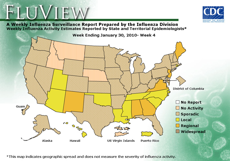 FluView, Week Ending January 30, 2010. Weekly Influenza Surveillance Report Prepared by the Influenza Division. Weekly Influenza Activity Estimate Reported by State and Territorial Epidemiologists. Select this link for more detailed data.