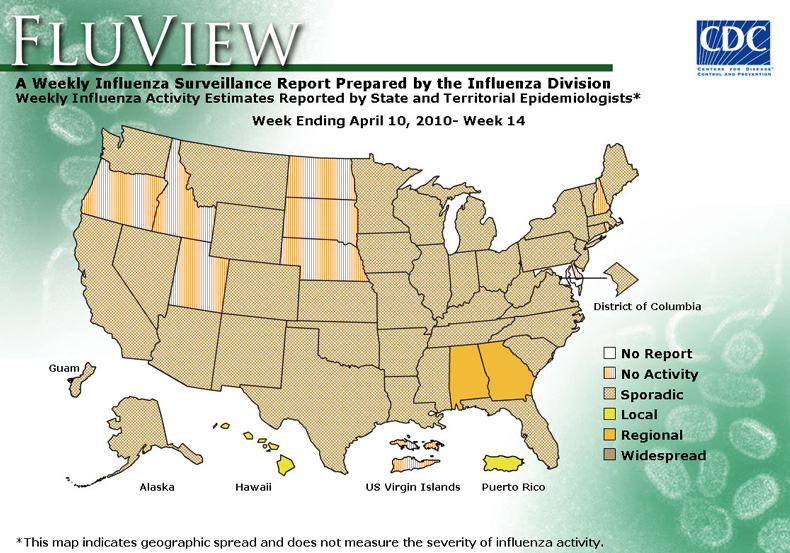 FluView, Week Ending April 10, 2010. Weekly Influenza Surveillance Report Prepared by the Influenza Division. Weekly Influenza Activity Estimate Reported by State and Territorial Epidemiologists. Select this link for more detailed data.